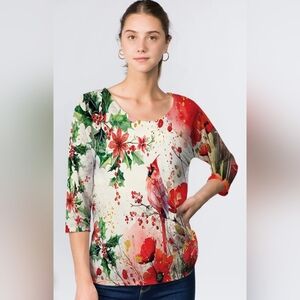 Et Lois Cozy Cardinal Floral V-Neck Tunic Top - Red & Gray Large